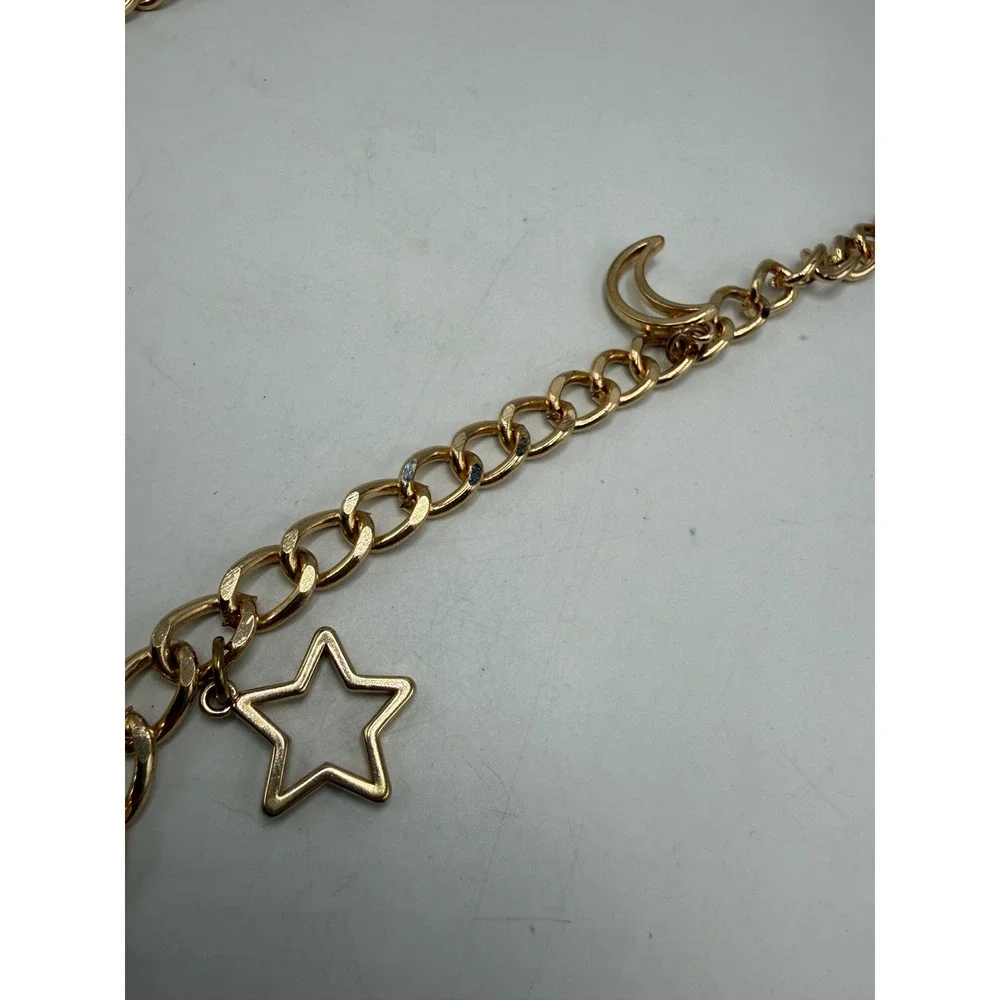 Gold Tone Celestial‎ Moon and Star Charm Chain Belt Adjustable Curb Link